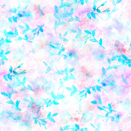 Teal branches on pink watercolor texture, abstract seamless pattの写真素材