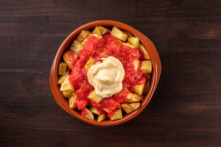 Patatas bravas, Spanish potato dish, overhead shotの写真素材