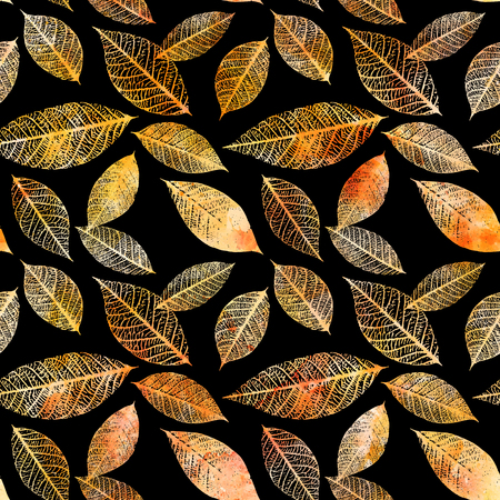 Seamless background pattern of golden tinted watercolor leavesの写真素材