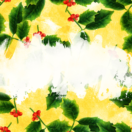 Watercolor Christmas card with holly and copy spaceの写真素材