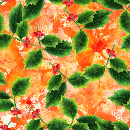 Seamless golden pattern with watercolor Christmas hollyの写真素材