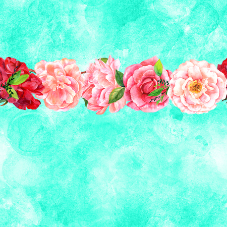 Seamless border of watercolor flowers on teal backgroundの写真素材