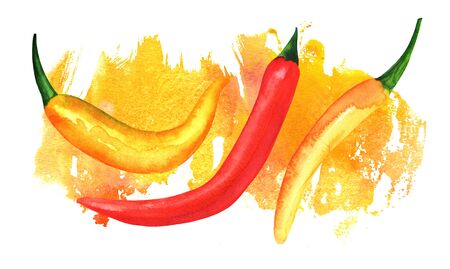 Three watercolor chili peppers on golden brushstroke with copyspの写真素材
