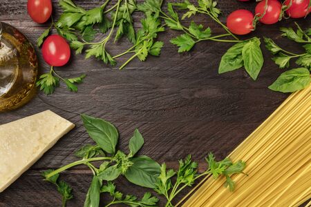 Overhead photo of Italian food products with copy spaceの写真素材