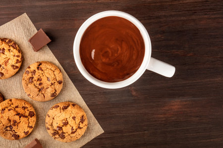 Chocolate chips cookies with hot chocolate and copy space