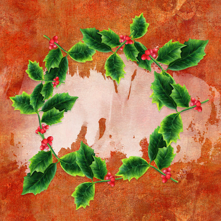 Wreath with watercolor Christmas holly and copyspace on bronze textureの写真素材