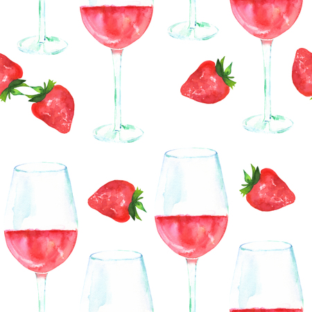 Seamless pattern with rose wine and strawberries, watercolour, repeat print on whiteの写真素材