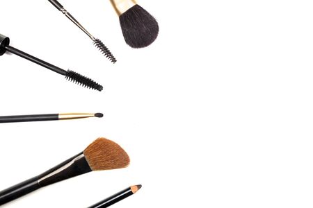 Makeup accessories, shot from above, with copy space on whiteの写真素材