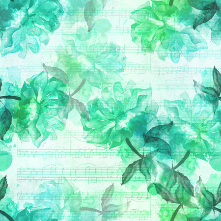 Seamless pattern with abstract watercolor roses and sheet music in tealの写真素材