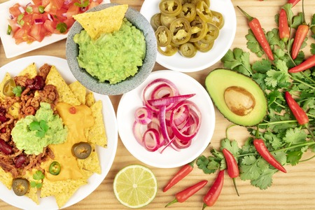 Overhead photo of assortment of Mexican foodの写真素材