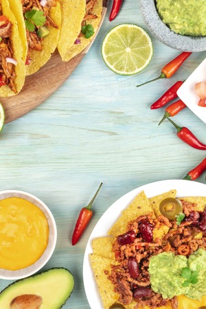 Overhead photo of an assortment of Mexican food with copyspaceの写真素材