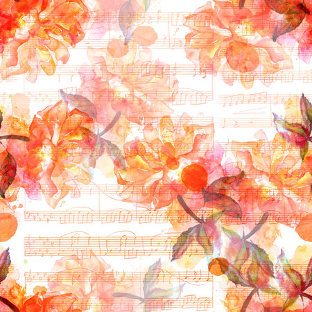 Seamless pattern with abstract watercolor roses and sheet music, golden tonedの写真素材