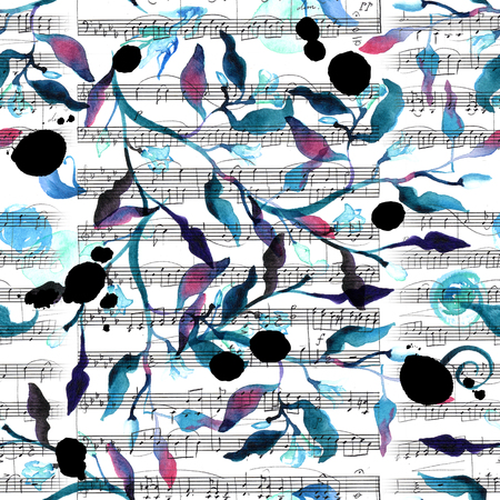 Seamless pattern with abstract branches and leaves, watercolour splashes and sheet musicの写真素材