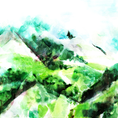 A watercolour painting of a view over the mountainsの写真素材