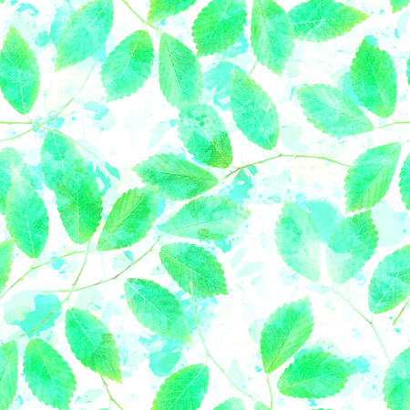 A seamless pattern of green leaves and branches on a background of watercolor brush strokes, a light summer repeat printの写真素材