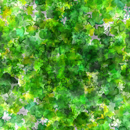 A seamless pattern with watercolor drawings of shamrocks, Irish clovers, on a white backgroundの写真素材