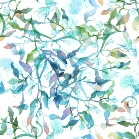 Seamless pattern with abstract branches and leaves in teal blue and greenの写真素材