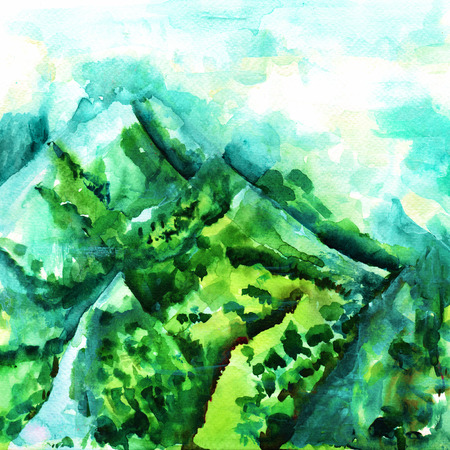 A watercolour landscape painting, view over the mountains in teal blue and greenの写真素材