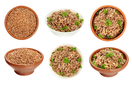 A set of bowls of cooked and uncooked buckwheat, isolated on a white backgroundの写真素材