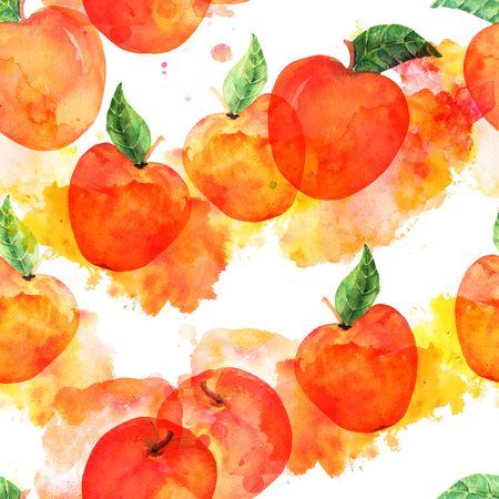 A watercolor seamless pattern with vibrant red apples on a white background with paint stains, a vegan repeat printの写真素材