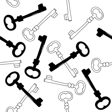 A seamless vector pattern with ink hand drawn skeleton keys, in black and whiteのイラスト素材