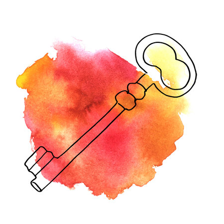 A vector ink drawing of a key on a watercolor background texture, an abstract icon or a sketch with a place for textの写真素材