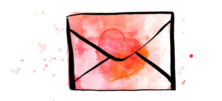 A vector and watercolor drawing of a pink envelope with a heart, a Valentine or a love letter illustration on a white backgroundのイラスト素材