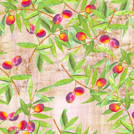 A seamless watercolor pattern of vibrant olive tree branches with olives, a vegan repeat print on an old paper backgroundの写真素材