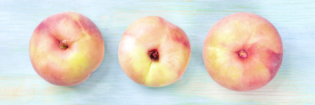 A panoramic view of vibrant organic flat saturn peaches, shot from above on a teal backgroundの写真素材