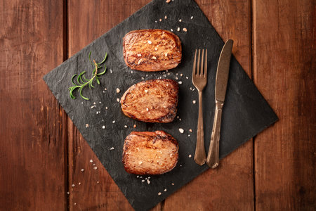 Sirloin beef steaks, seared with salt and rosemary on a black slate plate