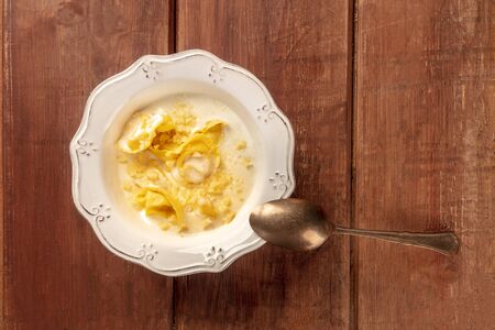 Tortellini with cream and Parmesan cheese, shot from aboveの写真素材