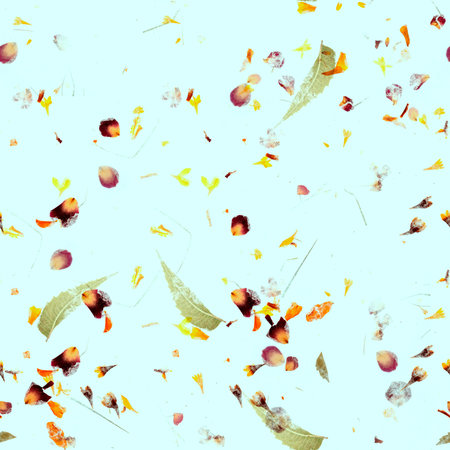 Seamless autumn pattern. A repeat print with dry leaves and petals on a teal blue backgroundの写真素材