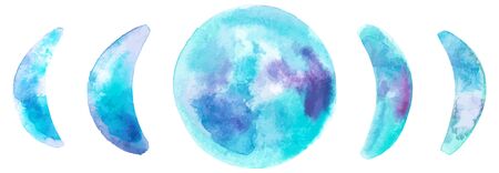 Phases of the moon, vector and watercolor drawing with the stages of waxing, waning, and full moon in teal blueの写真素材