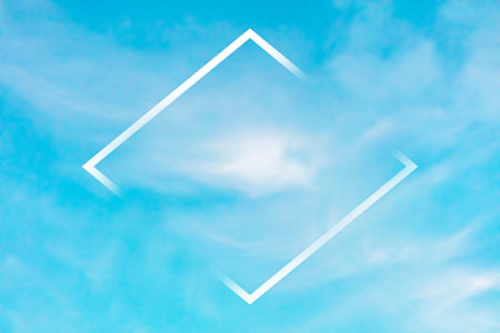 Teal blue sky background with white clouds and a frame, an abstract design template with copyspaceの写真素材