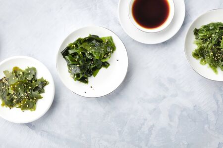 Various seaweed, sea vegetables, shot from the top with copy space. Superfoods background or a recipe design templateの写真素材