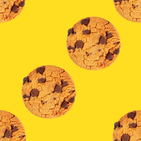 Chocolate chip cookies, gluten free, seamless pattern on a vibrant yellow background