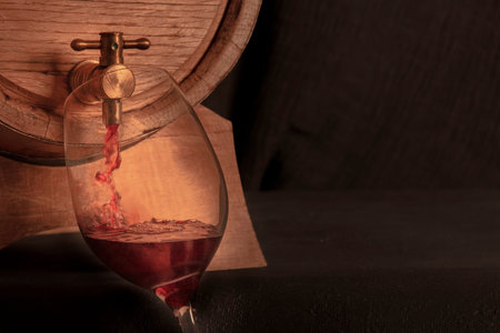 Pouring wine into a glass from an oak barrel, a panoramic close-up shot on a dark background with a...