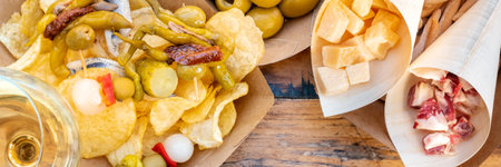 Tapas and pinchos panorama with white wine. Cheese, jamon, gildas, olives on a wooden table in an...