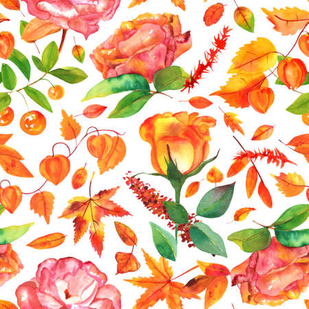 Seamless pattern with watercolor autumn leaves and flowersの写真素材