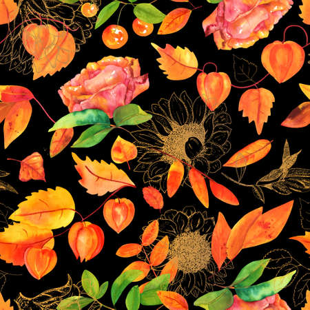 Seamless pattern with watercolor autumn leaves and flowersの写真素材
