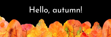 Hello, Autumn panoramic banner with watercolour treesの写真素材