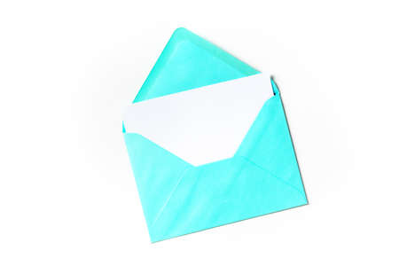 A greeting card in a blue envelope mock-up, shot from the top on a white backgroundの写真素材