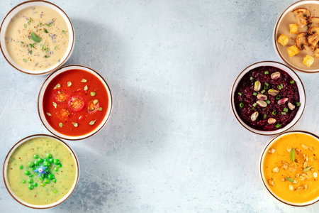 Vegan soups banner with copy space. A variety of cream soups, top shotの写真素材