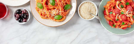 Italian pasta panorama, shot from above with copy spaceの写真素材
