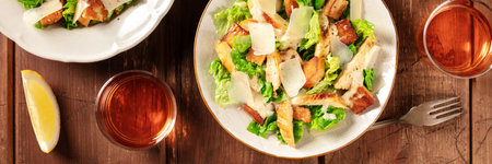 Caesar salad panorama on a dark rustic wooden backgroundの写真素材