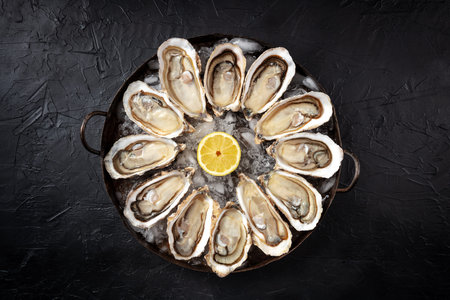 Oysters. A platter of a dozen fresh oysters with lemon