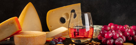 Cheese, wine and grapes panorama on blackの写真素材