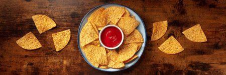 Nachos panorama with a tomato salsa, top shot