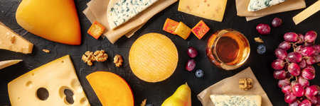 Cheese panorama with wine and fruit, shot from above