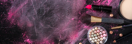 Makeup panorama with brushes, pearls and lipstick, shot from above